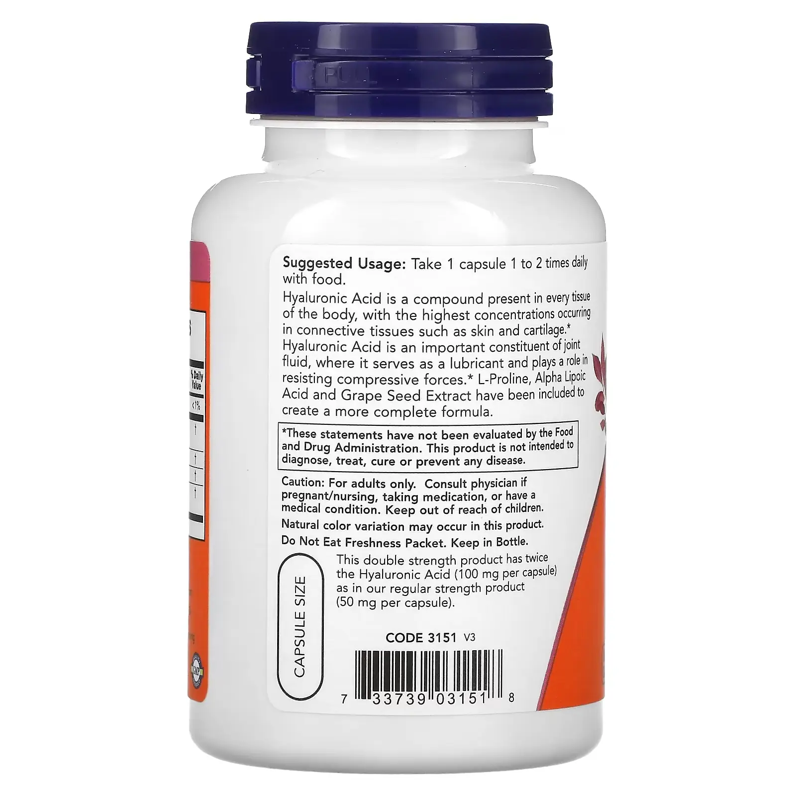 NOW Foods, Acide hyaluronique à la L-proline, à l'acide alpha-lipoïque et à l'extrait de pépins de raisin, 100 mg, 120 capsules végétales