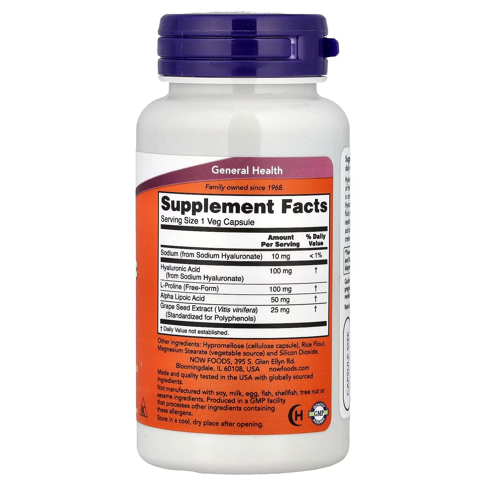 NOW Foods, Acide hyaluronique à la L-proline, à l'acide alpha-lipoïque et à l'extrait de pépins de raisin, 100 mg, 60 capsules végétales