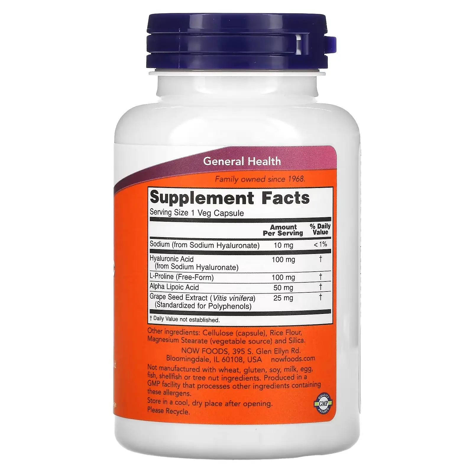 NOW Foods, Acide hyaluronique à la L-proline, à l'acide alpha-lipoïque et à l'extrait de pépins de raisin, 100 mg, 120 capsules végétales